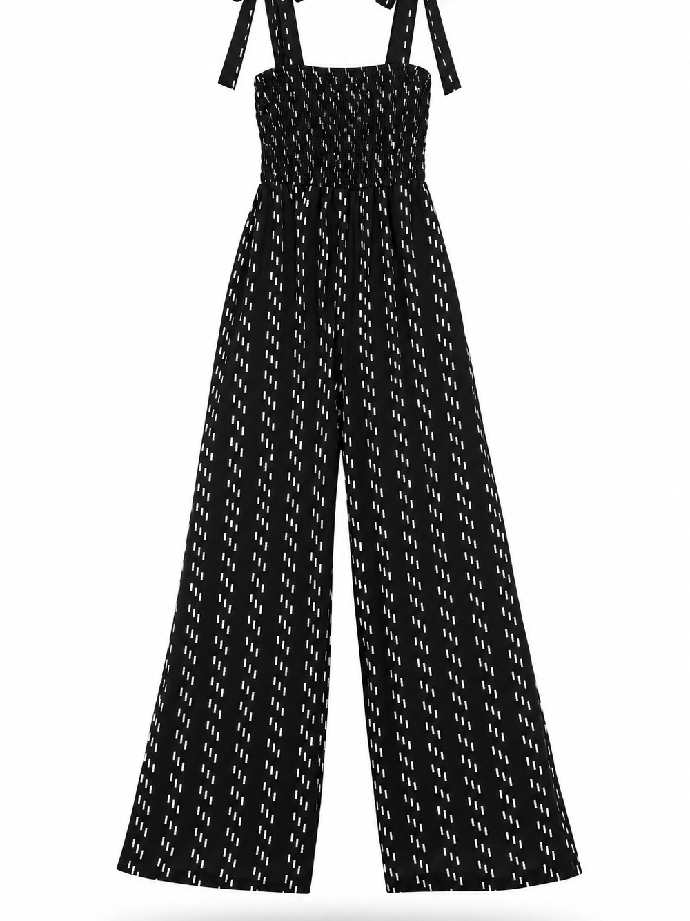 SO Black Smocked Wide-Leg Jumpsuit with White Dash Print